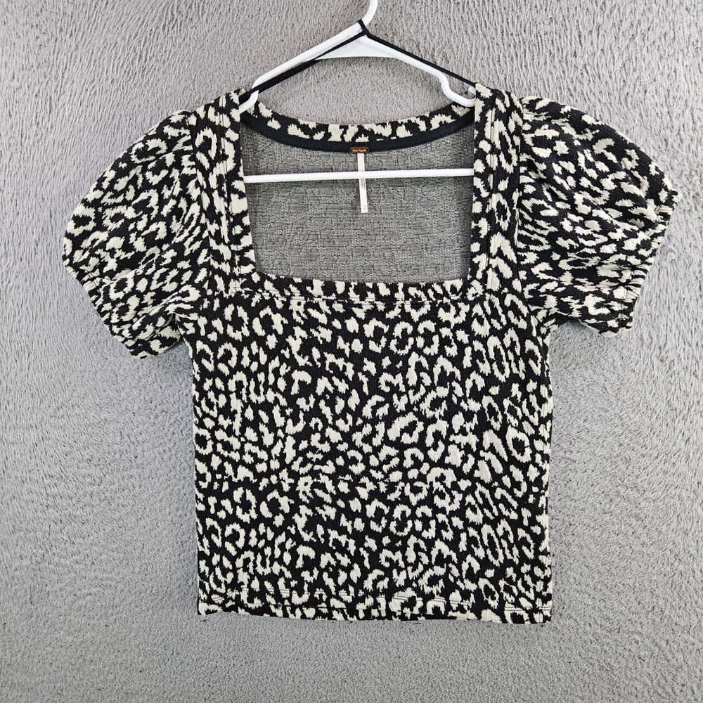 Free People Womens Small Black Leopard Puff Sleeve Square Neck Top